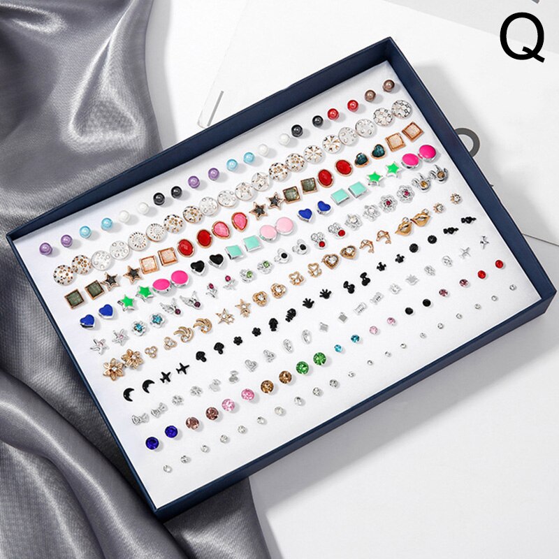 100 Pairs Boxed Leuke Oorbellen Gemengde Stijlen Kristal Kleine Stud Oorbellen Sets Meisje Geometrische Plastic Oorbellen Voor Vrouwen Sieraden