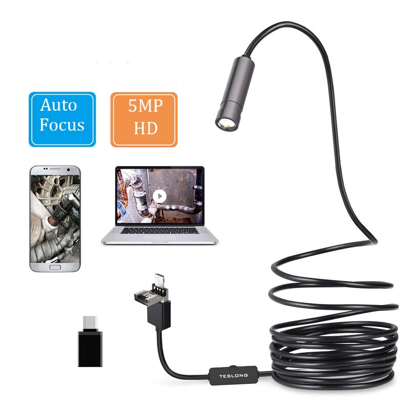 WiFi 5MP HD 3 in 1 Endoskop Kamera Objektiv 6 LED IP67 Anto fokus 5,0 Megapixel 5m Industrielle Inspektion kamera für Android pc