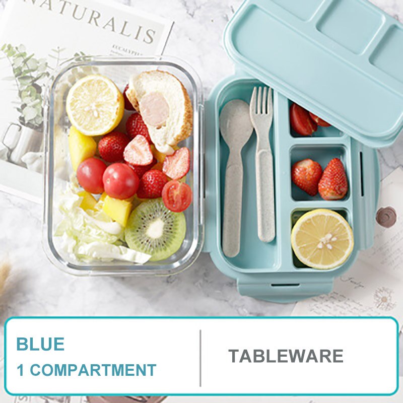 ONEUP Lunch Box For Kids Glass Microwave Bento Box Food Container With Compartment Storage School Leakproof Kitchen Comida: Blue 1 compartment / 1000ml