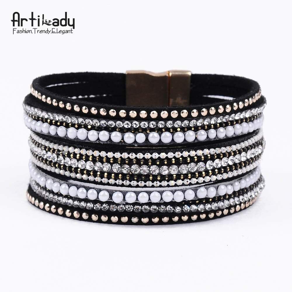 Artilady leder armreifen mit kristall luxus armreifen magnet armband frauen schmuck: black