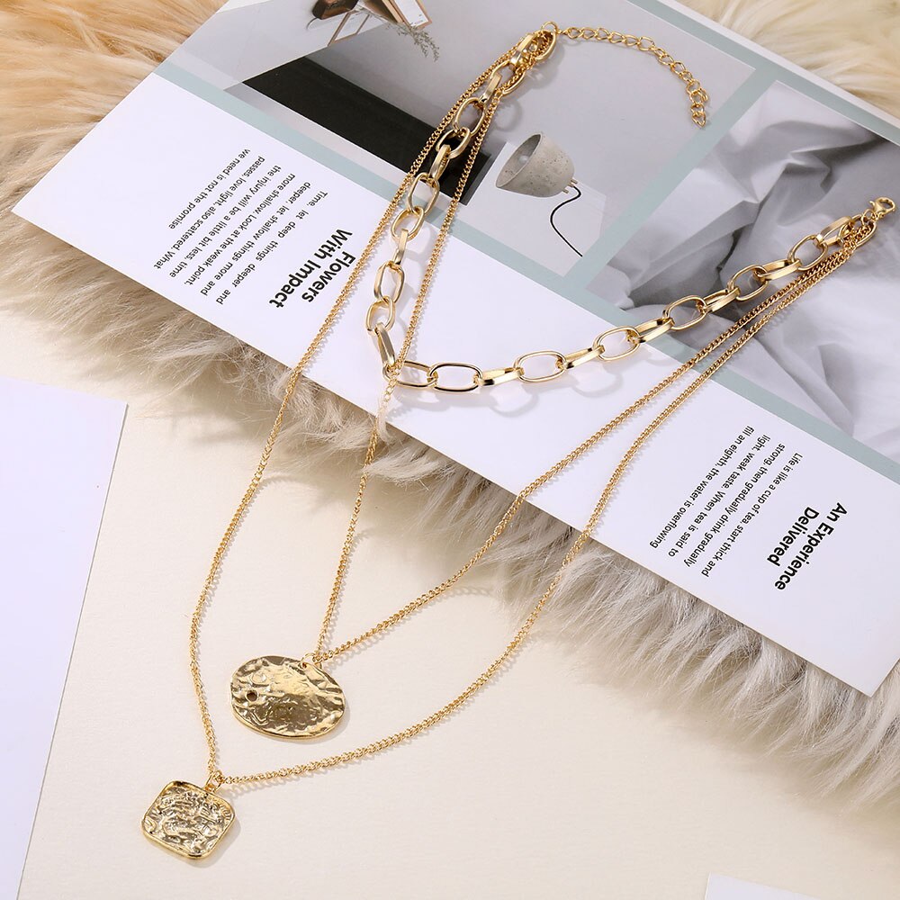 Bohemian Geometric Metal Thick Chain Pendant Necklace Women Retro Multilayer Long Choker Necklace Jewelry