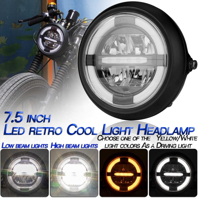 12V Universele Motorcycle Head Light Lamp 7.5 Inch Motorbike Refit Koplamp Zwarte Ronde Vergadering: Yellow Light Colors