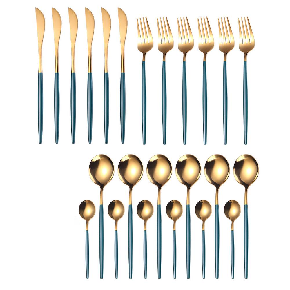 24Pcs Cutlery Set Kitchen Tools Gold Dinnerware Set Stainless Steel Knife Fork Spoon Tableware Set Home Table Decoration Gold: Green Gold-24PCS