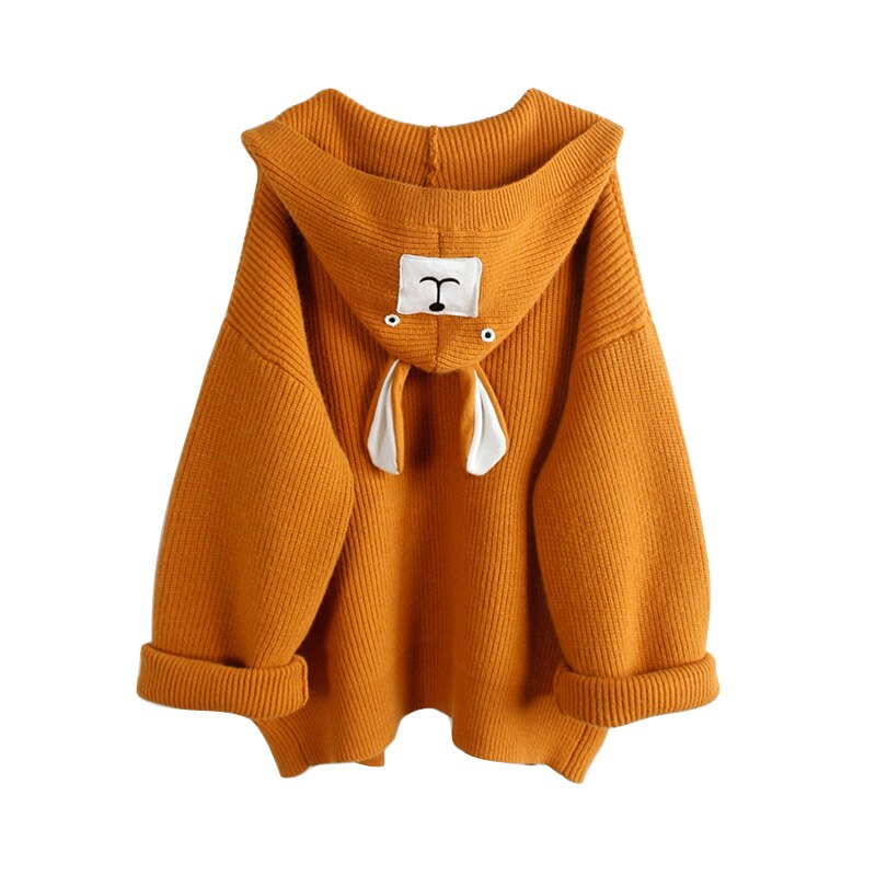 Neploe, suéter de punto con capucha para mujer, aplique de dibujos animados, abrigo de ropa de punto larga medio suelto, Otoño Invierno , punto abierto