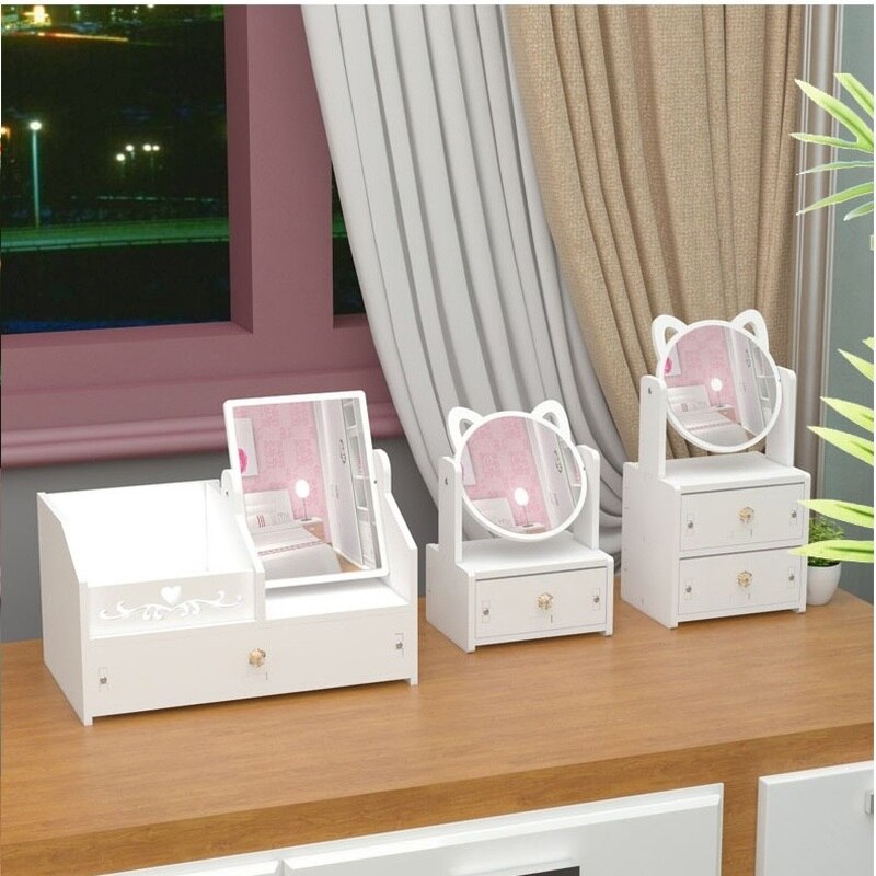 Rotate Wooden Cute Make-up Mirror DIY Installation Assembly Desk Dressing Mirror Women Portable Large Cosmetic Storage Box Shelf