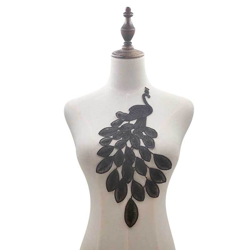 Fahion Water-soluble Lace Cloth Stickers Peacock Pattern Hollow Women Embroidery DIY Lace Accessories: Black