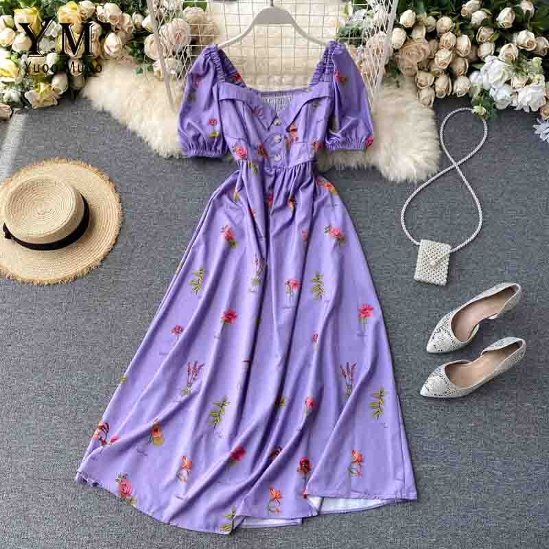Yuoomuoo kvinner sommer ins lang kjole kvinnelig stil blomsterprint maxi kjole dame a-linje festkjole vestidos: Lilla