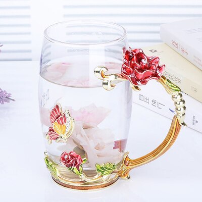 Tasse à café thé verre à fleurs et strass | Émail décoré tasse à café tasse à thé, verre gobelets à lait, tasses et tasses à poignée en alliage: A02
