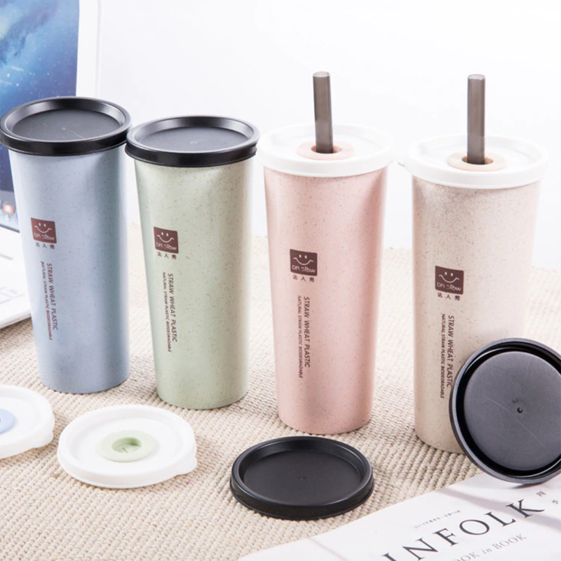 Portable Wheat Straw Cup with Straws Multi-Functional Double Lid Cola Coffee Plastic Cup Drinking Cup