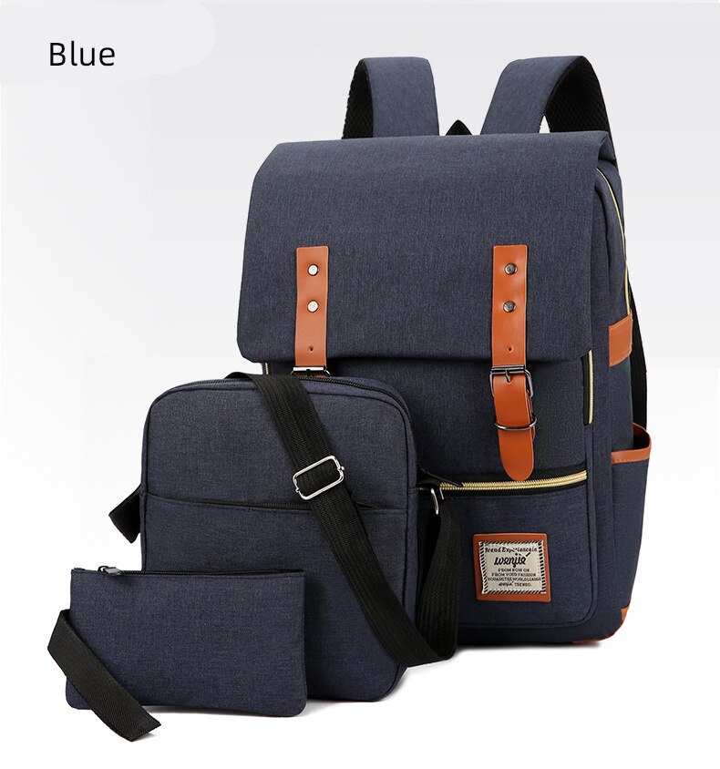 Nylon Men's 15.6 Inch Laptop Backpack Large-capacity 3Pcs/Set Travel Backpack Student Backpack Bag: HYBMQ0002-blue
