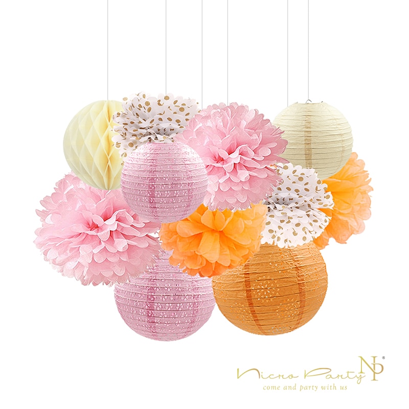 Nicro 11 stuks/set roze & oranje tissuepapier bloem papieren lantaarn honingraat voor verjaardagsfeestjes bruiloften en verlovingen kinderdag