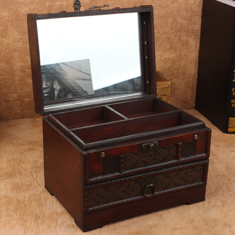 Cofre de madera para el almacenamiento de joyas caja con espejo joyería urna de joyería caja de Manke organizador caso caja de de joyería