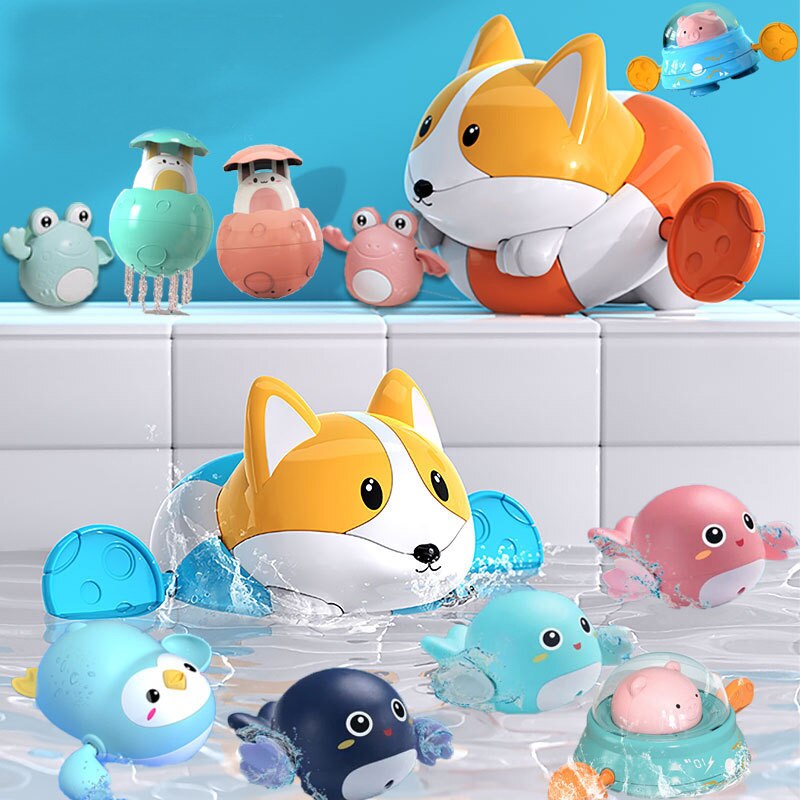 Baby Bath Toys Animal Cute Cartoon Frog Dog Crab Water Toys For Bathroom Swimming Pool Chain Clockwork Toy Kids Christmas