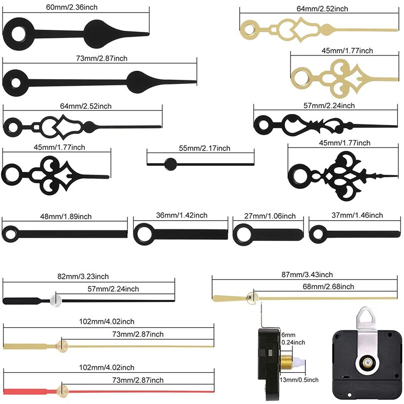 OK888 Non-Ticking Quartz Clock Movement Mechanism - 8mm Plastic Shaft, 3.1mm & 5mm Hands, Black