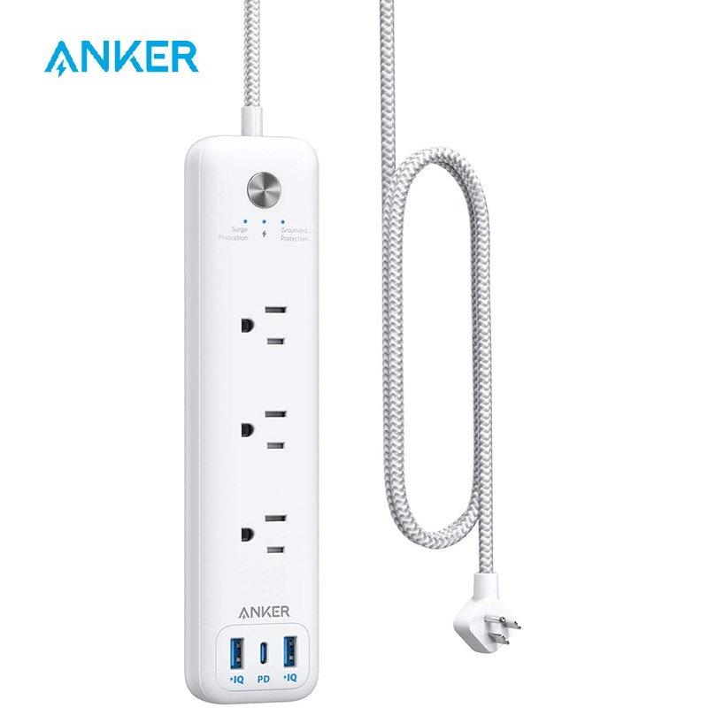 Anker 3 uttak og 30w 3 usb  (1 usb c , 2 usb a) overspenningsvern, powerport stripe  pd 3 med 6ft lange skjøteledninger, flat plugg