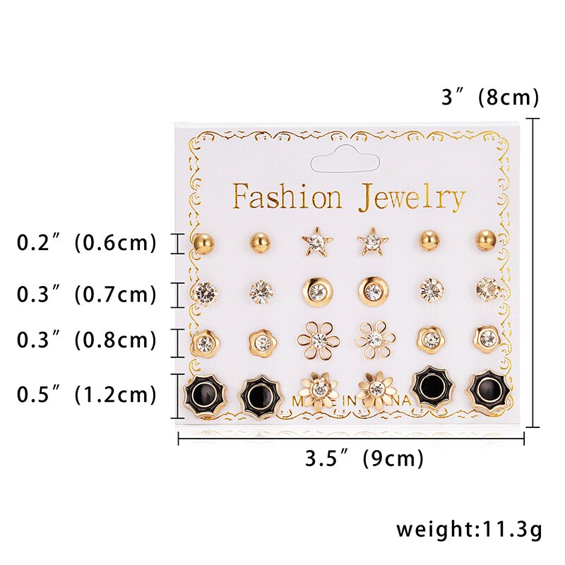 12 Pairs/set Classic Crystal Stud Earring Sets Women's Round Ball Metal Pearl Flower Earrings For Women Girl Mixed Jewelry: type 7
