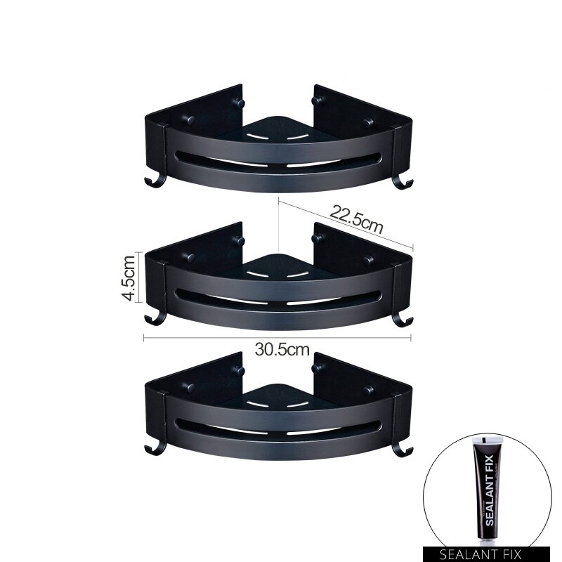 Sans ongles aluminium noir salle de bains cuisine étagère cosmétique Rack dans mur bain coin panier avec crochet salle de bain étagère de rangement: Type A 3PC