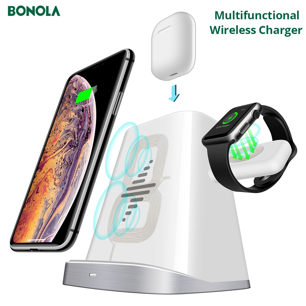 Bonola 3 In 1 Draadloze Oplader Snelle Inductie Opladen Station Draadloze Chargings Dock Voor Iphone 11 Pro/Xs Apple horloge Airpods