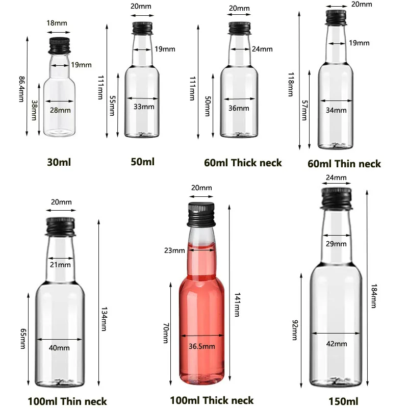 50Pcs 30ml-150ml Empty Clear Plastic Mini Liquor Bottles Refillable Spirits Container For Juice Drink Wine Alcohol Wedding Party