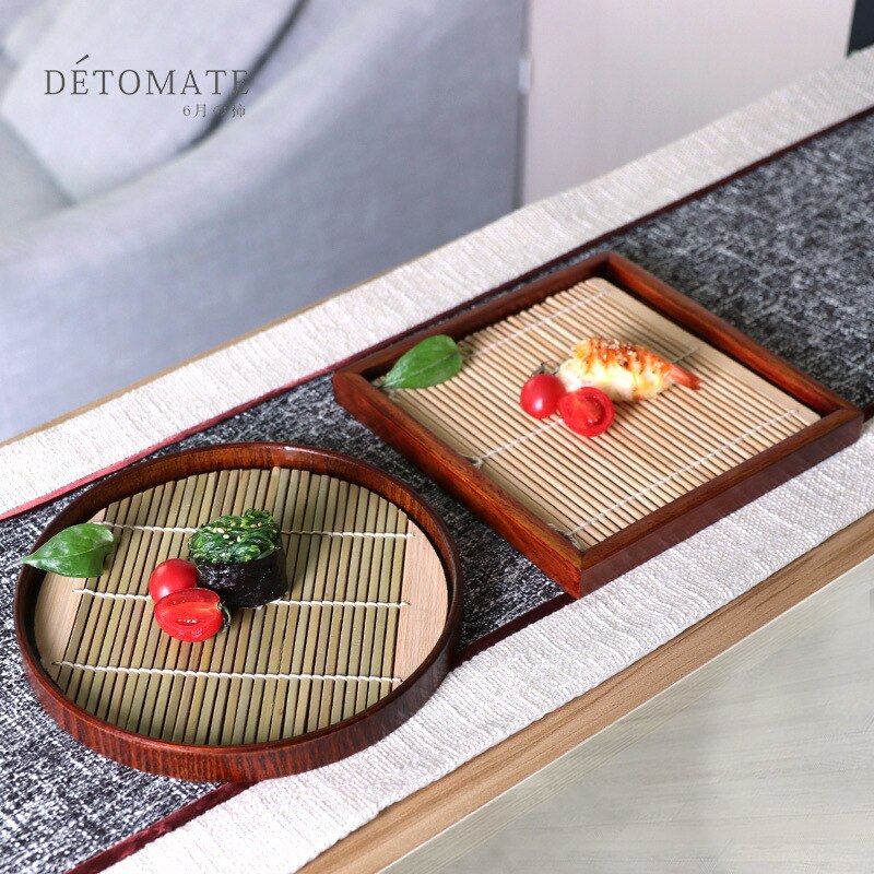 round/square Japanese sushi wooden plate with bamboo mat restaurant food tray tea tray