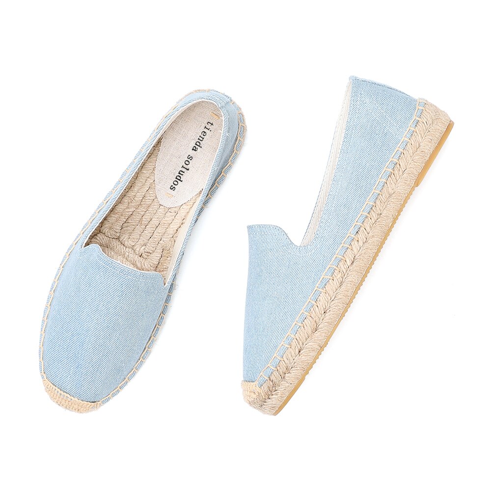 Alpargatas informales de tela vaquera para Mujer, Zapatillas de deporte de lino con dibujos animados, ,: Azul cielo / 7