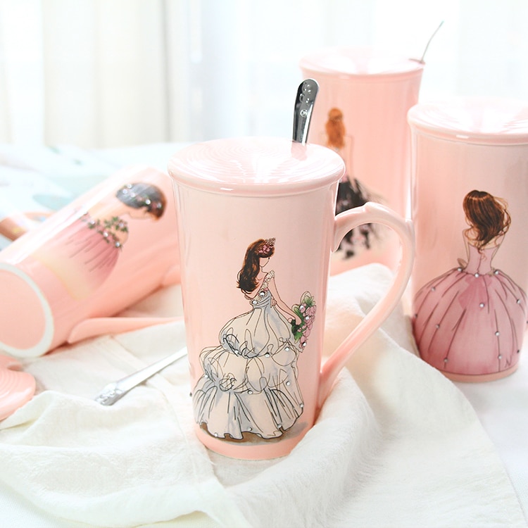 3d rosa vakre jenter i diamantbrudekjole kaffekrus med skje lokk vann te melkekopp