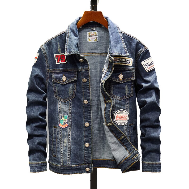 men's denim jacket embroidery denim jacket Slim casual street clothing retro men's denim jacket: XL