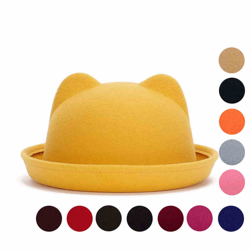 Girls Children Fedoras Hat Spring Bowler Hat Roll Brim Dome Top Hat Devil Horns Cat Ear Felt Wool Sun Hat Good Package 20