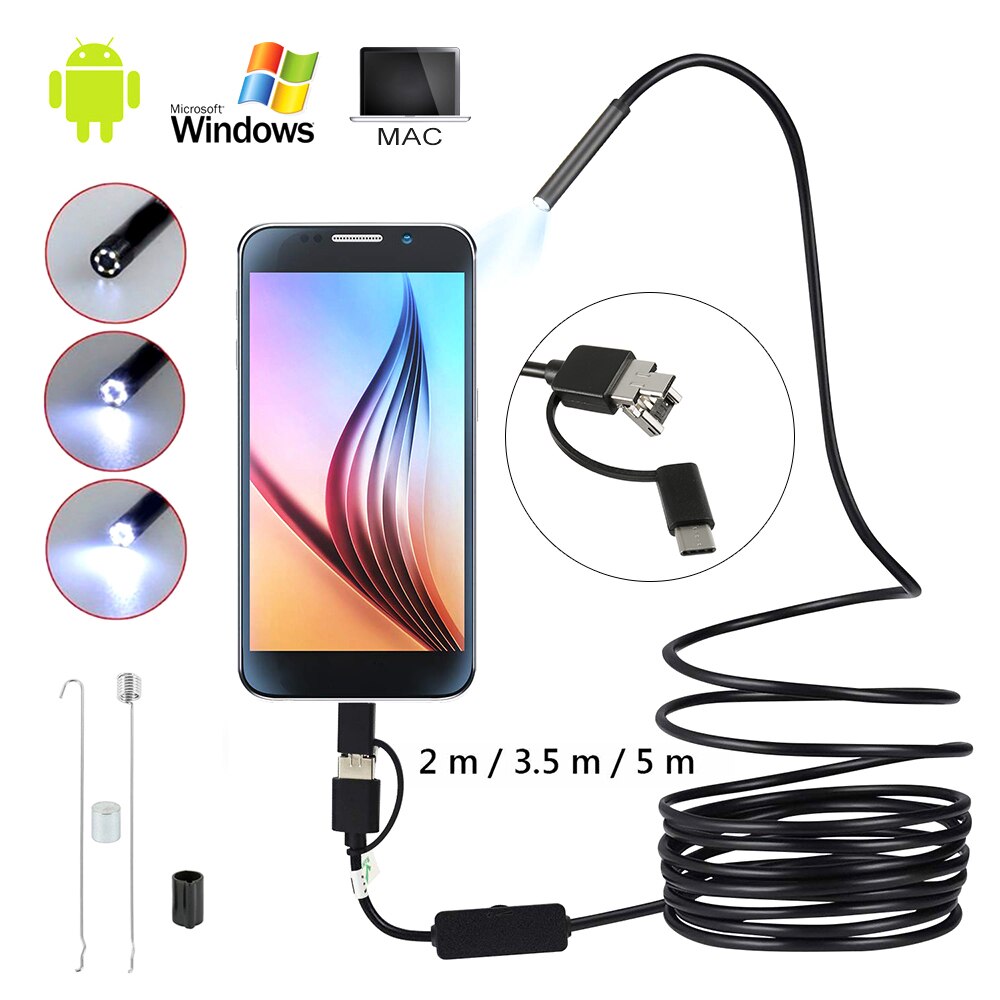 Boroscopio para cámara endoscópica de 1M-10M 5,5mm con 6LEDs, cable duro Flexible IP67, impermeable, USB, Micro cámara de inspección para Android PC
