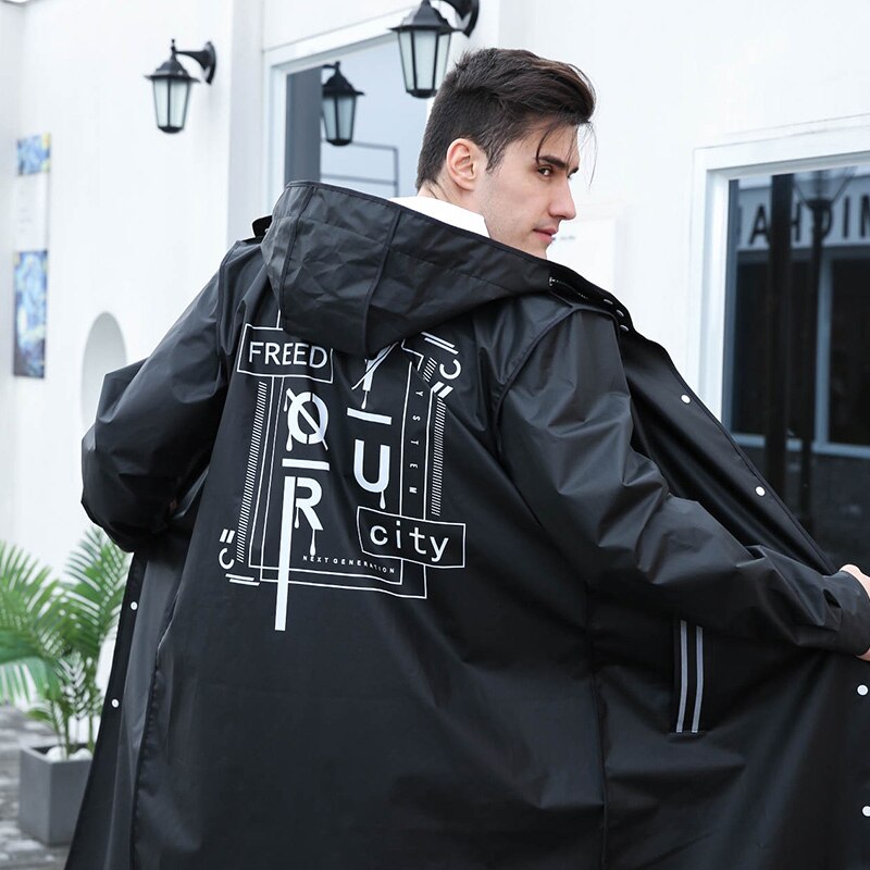 Chubasquero largo para hombre y adulto, Poncho impermeable de plástico con cordón y estampado de letras, a la , color negro