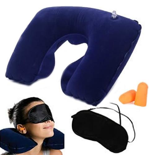 Opblaasbare U-vormige Reizen Kussen Nek Auto Head Rest Luchtkussen Reizen Camping Head Rest Met Oogmasker + Oordopje