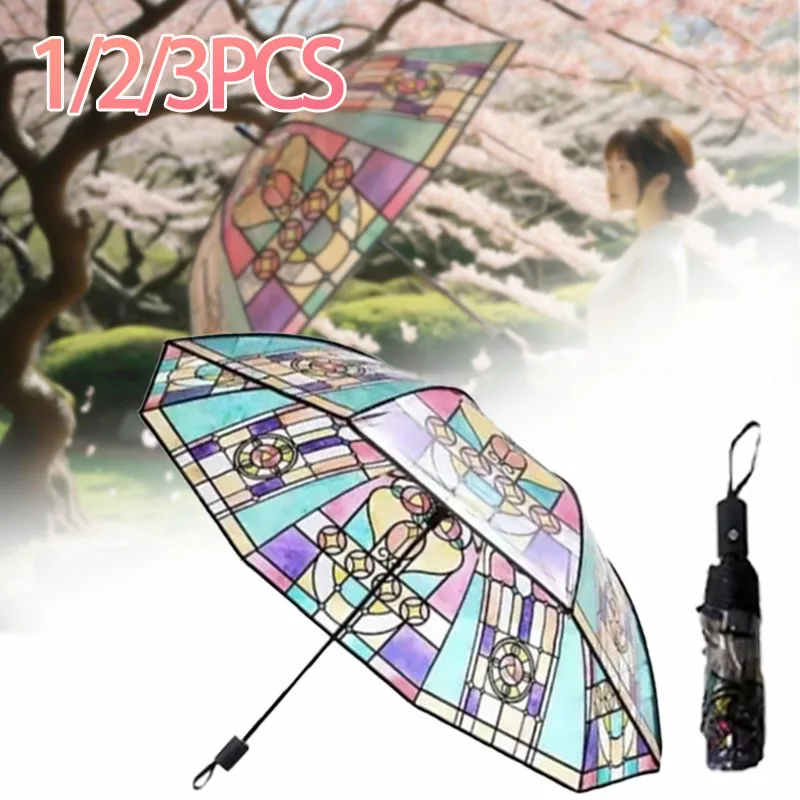 Paraguas transparentes pintados a mano con estampado de vitral, mango largo, sombrilla romántica Unisex para protección solar y lluvia