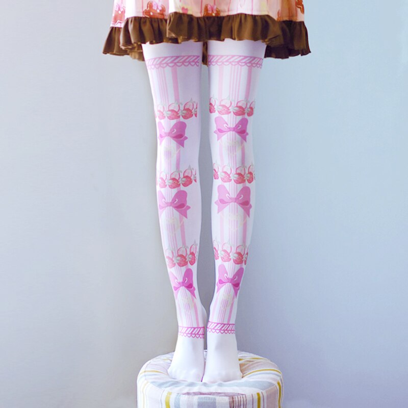 Japanse Meisjes Kousen Zoete Lolita, Mooie Strik Aardbeien Afdrukken Panty Zachte Zus Studenten Maken Sokken