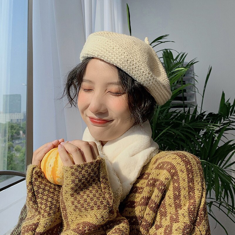 beret damski jesienno-zimowy kapelusz z filcu ozdoba robić włosów brytyjski retro wełniany malarz ośmiokątny kapelusz czapka z dzianiny: Beige