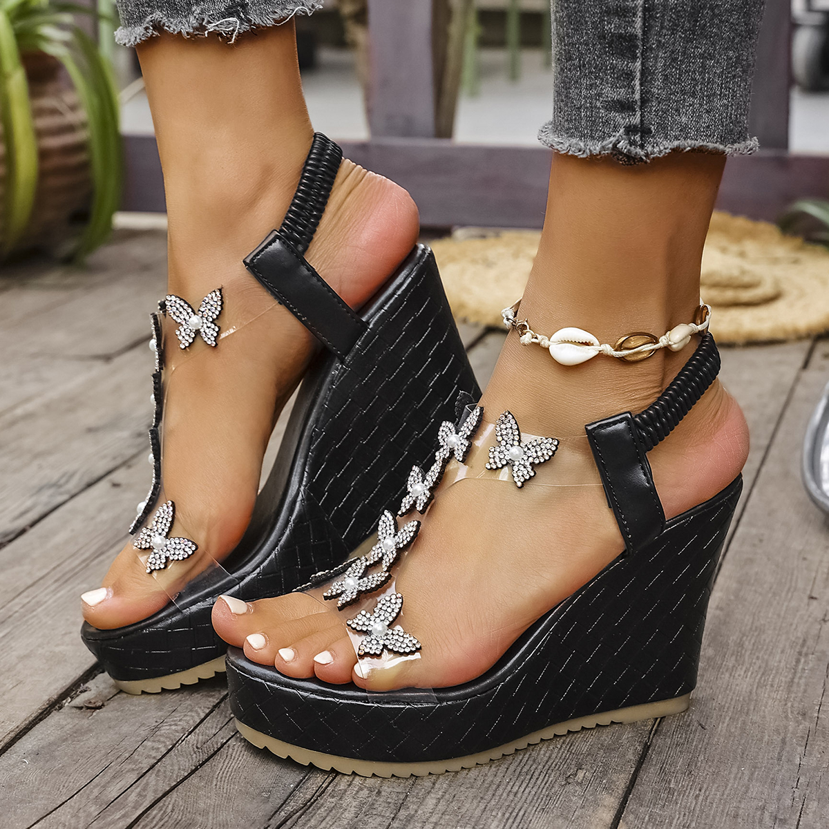Sandalias de cuña con pajarita y perlas elegantes para mujer, sandalias de plataforma gruesas blancas de verano 2025, zapatos de tacón con parte inferior gruesa antideslizantes para mujer: Negro / 38