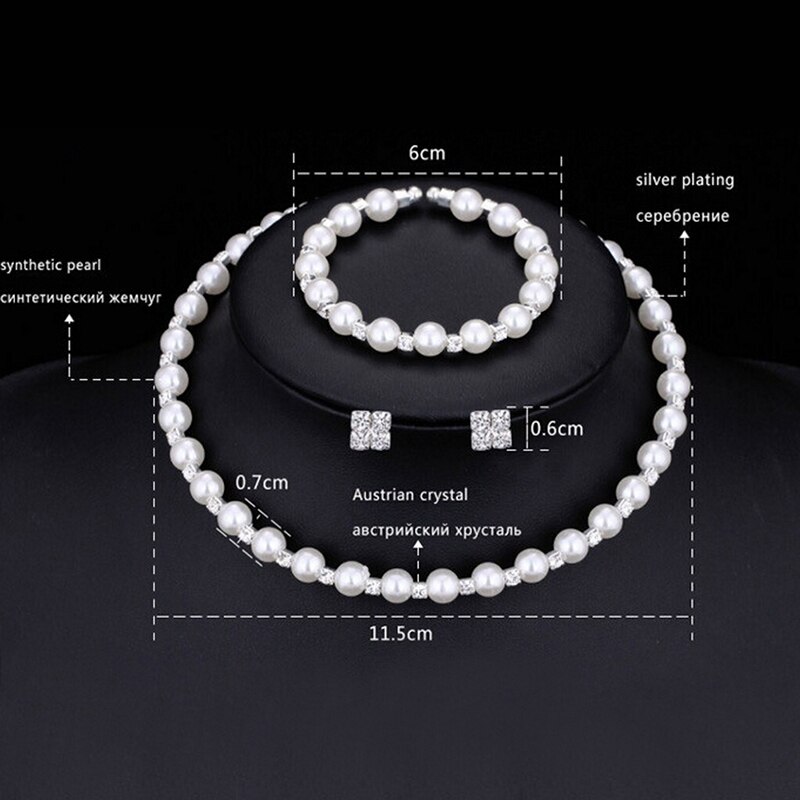 Perler armbånd ørering halskjede sett trendy hvit simulert perle & rhinestone kvinner bryllup/fest smykker sett