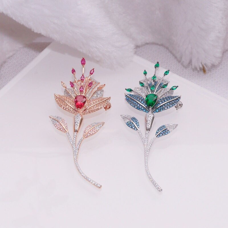 925 Sterling Silver Brooch - Pink & Blue Flower Inlay Zircon Stones - Women's Party Jewelry