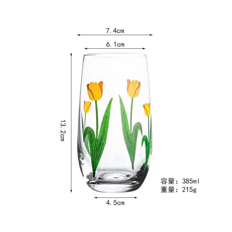 390ml japan og sør-korea håndmalt tulipan blomst glass kopp husholdning varmebestandig drikkekopp stor mage mousse kopp: Gul tulipan