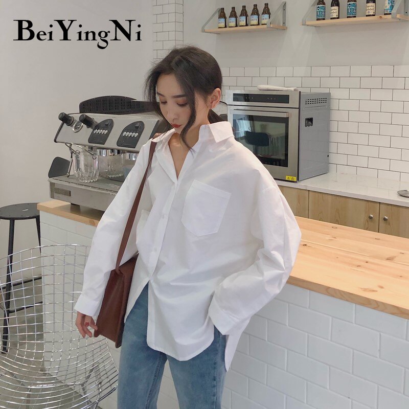 Beiyingni Frühling Herbst Frauen Hemden Weiß schlicht verlieren Übergroßen Blusen Weibliche Spitzen verlieren BF Koreanische Stil Blusas Taschen
