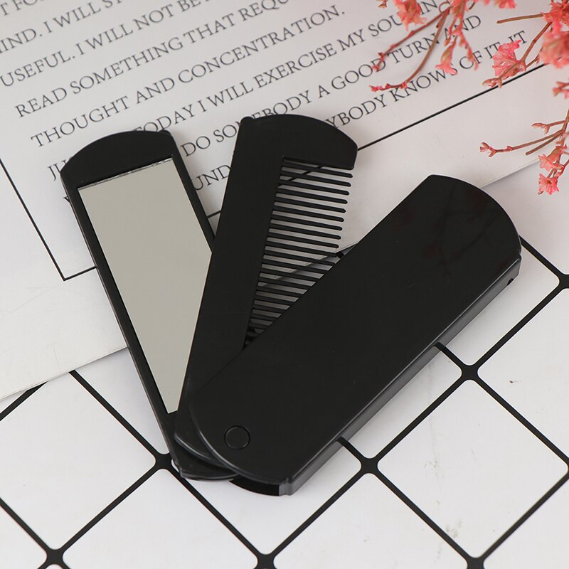 Folding Hair Brush Travel Hair Comb Portable Fold Hair Brush Mirror Compact Pocket Size Purse Travel Comb: black
