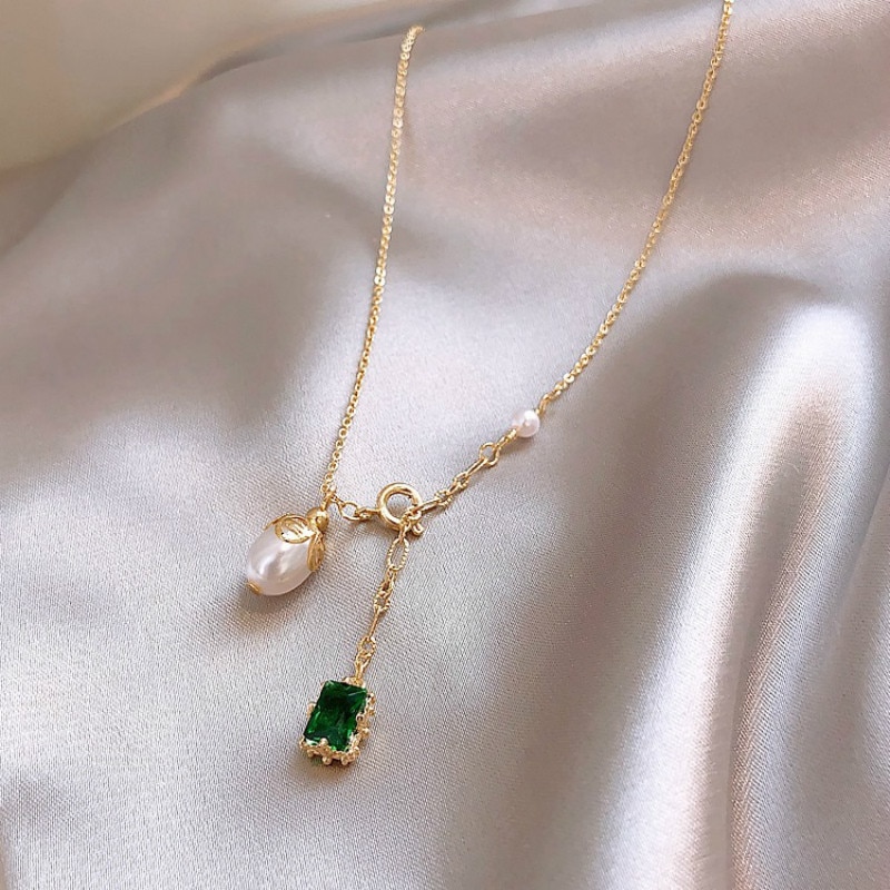 Koreansk trendy grøn krystal imiteret perle chokers halskæder til kvinder vanddråbe vedhæng halskæde smykker