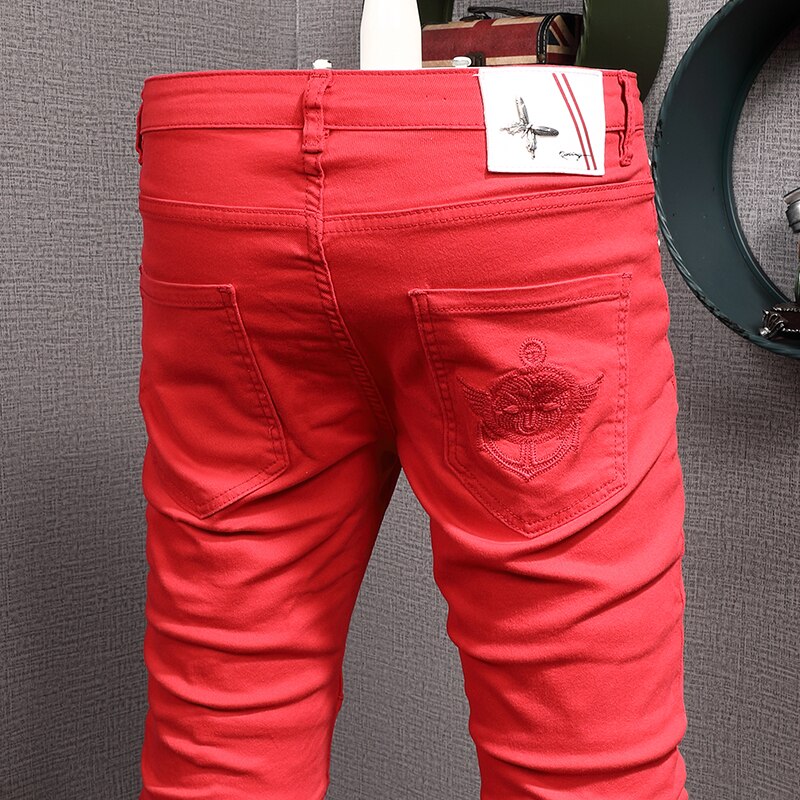 Zomer Mannen Rode Jeans Casual Dunne Straight Slim Fit Broek Koreaanse Stijl Katoenen Denim Broek