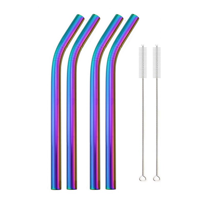 Large Wide Reusable Metal Smoothie Straws Reusable Eco-friendly 304 Stainless Steel Boba Bubble Straw for Bar Drinking Accessory: Rainbow Bent