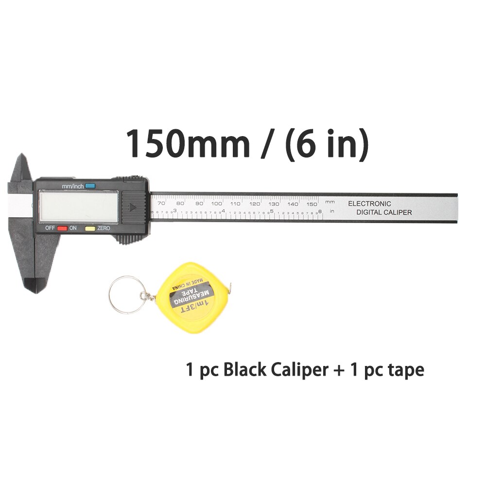 Calibrador Vernier electrónico Digital de fibra de carbono, herramienta de medición de micrómetro, cinta métrica de 1m, 100/150mm, 4/6 pulgadas, LCD: Black  150 tape