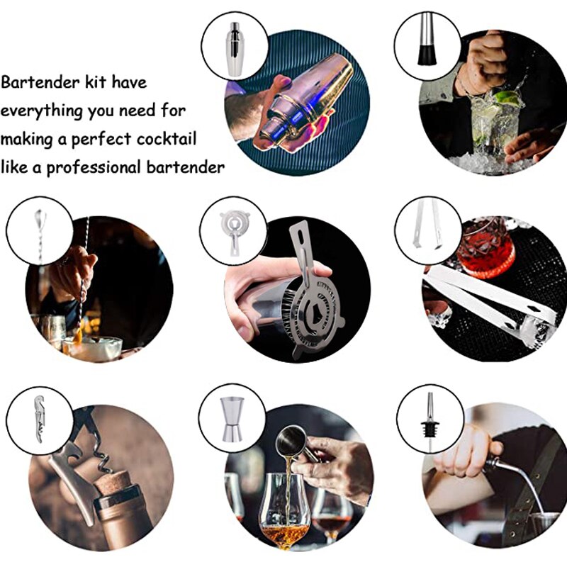 Cocktail Shaker Set, 28 Piece Bartender Kit with Rotating Stand:Stainless Steel Bar Set for Home, Bars, Parties and Traveling