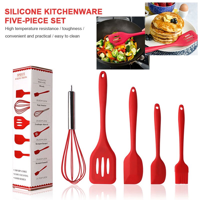 Juego de utensilios de cocina duraderos de grado alimenticio herramientas de cocina de alta resistencia a la temperatura 5 unids/set rojo/Negro sartén antiadherente de silicona cucharón