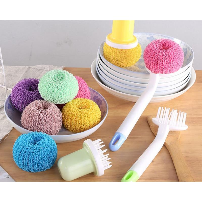 Pot Cleaning Brush Ball Non-scratch Dish Scrubber Scrubbing Pad Scouring Pad Handle Kitchen Cleaning tools