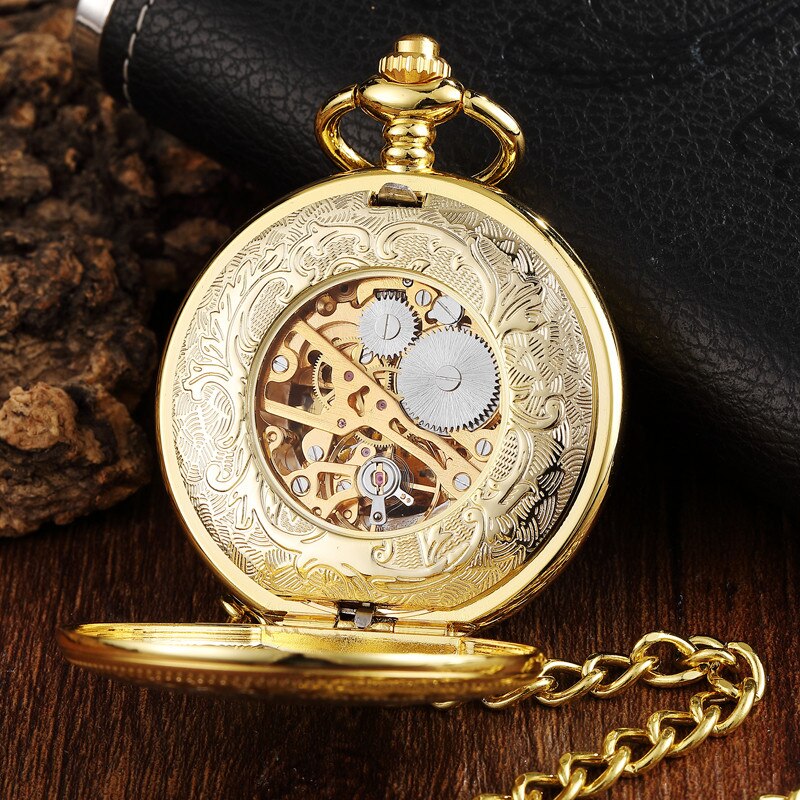 Golden 2 Side Mechanisch Zakhorloge Hollow Herten Patroon Steampunk Skeleton Fob Horloges Ketting Hangende Horloge Voor Vrouwen Mannen