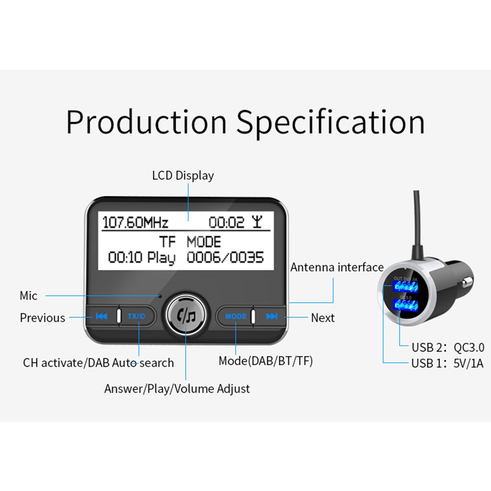 DAB002 DAB Digital Radio Receiver BT4.2 FM Transmitter LCD Display USB Charger for Car (Only for Countries that have DAB Signal)