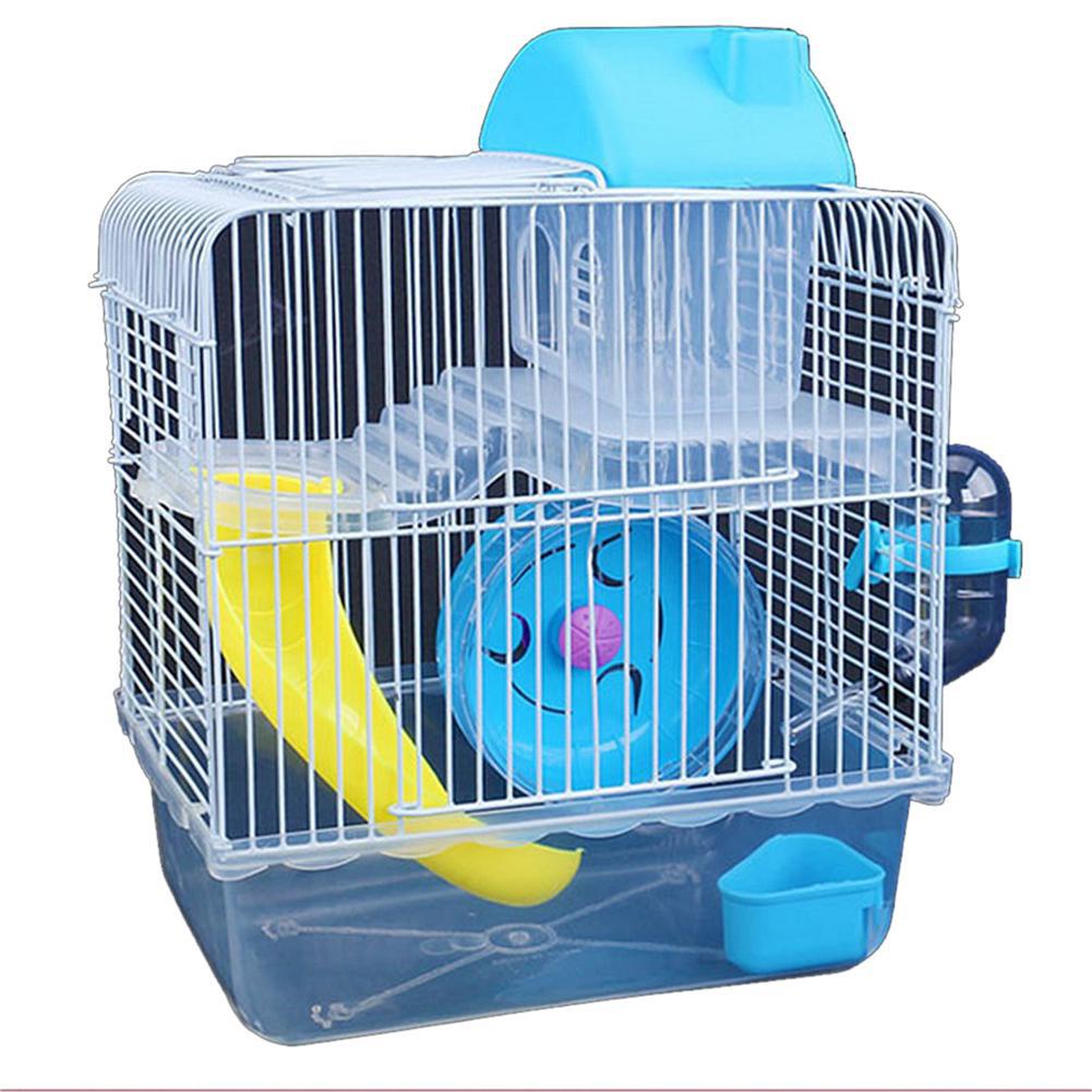 Cage de fil de fer de forme de Villa de Double couche avec le jouet de glissière de roue courante de bol d'alimentation pour le Hamster d'animal de compagnie: blue
